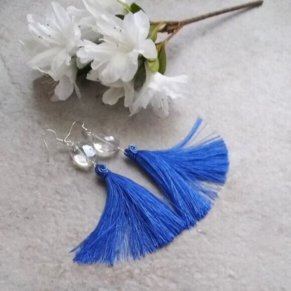 Shoulder Dusters! Extra Long Dangle Earrings - Faceted Clear Crystal + Tassels - Picture 1 of 7